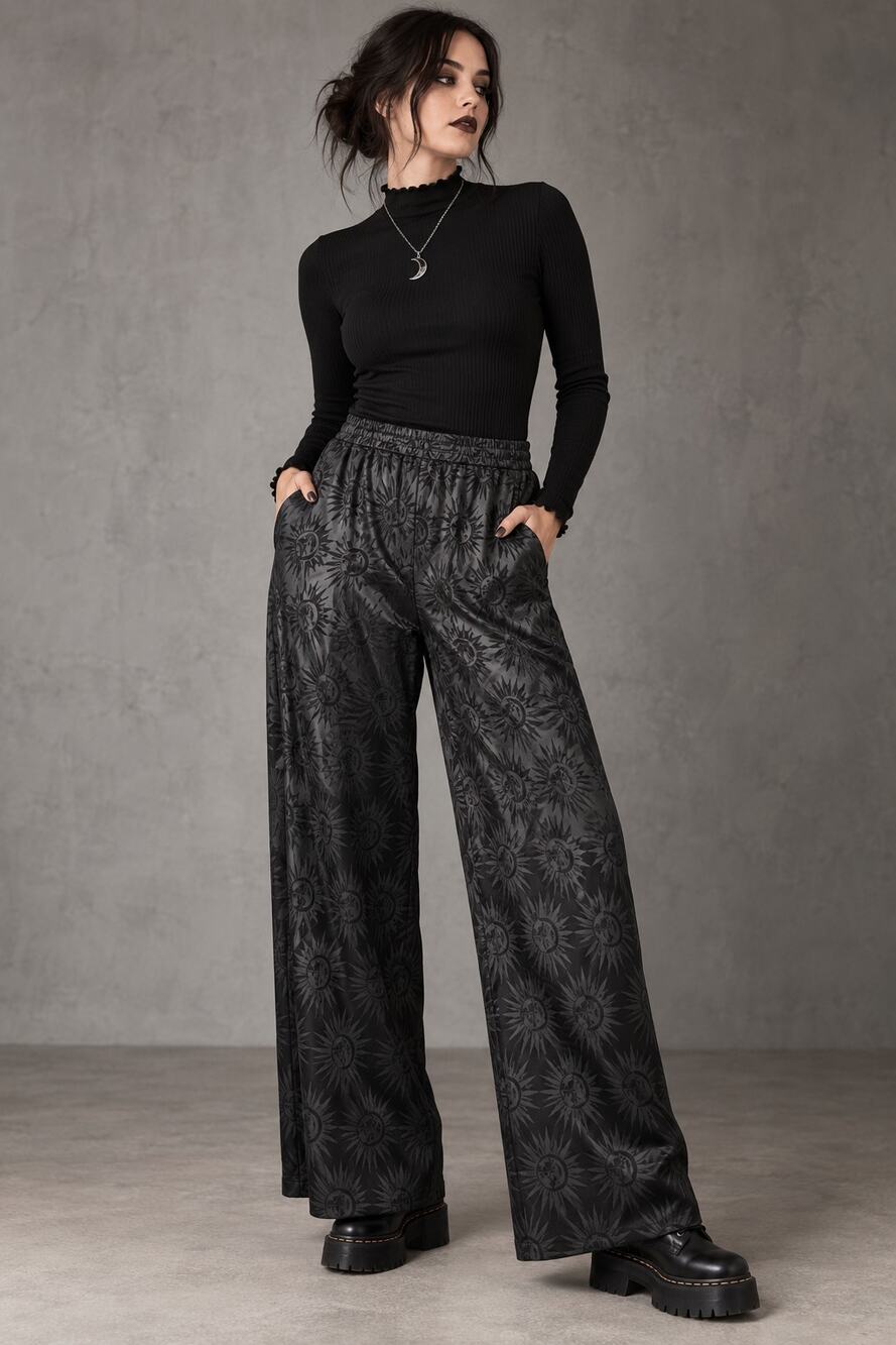 Disturbia Semine Celestial Jacquard Wide Leg Trousers Black Goth NWT US 16